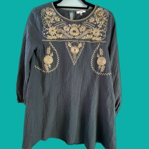 Jodifl Gray Cotton Gold Embroidered Stitching Boho Womens Tunic Size S